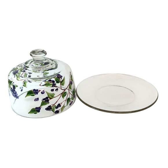 Glass Cheese Pastry Dome Handpainted Blueberry Floral Design With Glass Plate - Picture 4 of 13
